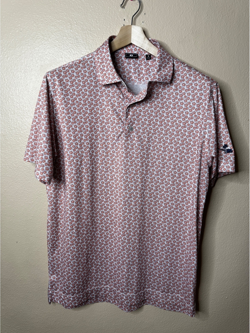 FootJoy FJ Men’s Medium Floral Print Golf Polo Shirt Orange Blue Short Sleeve